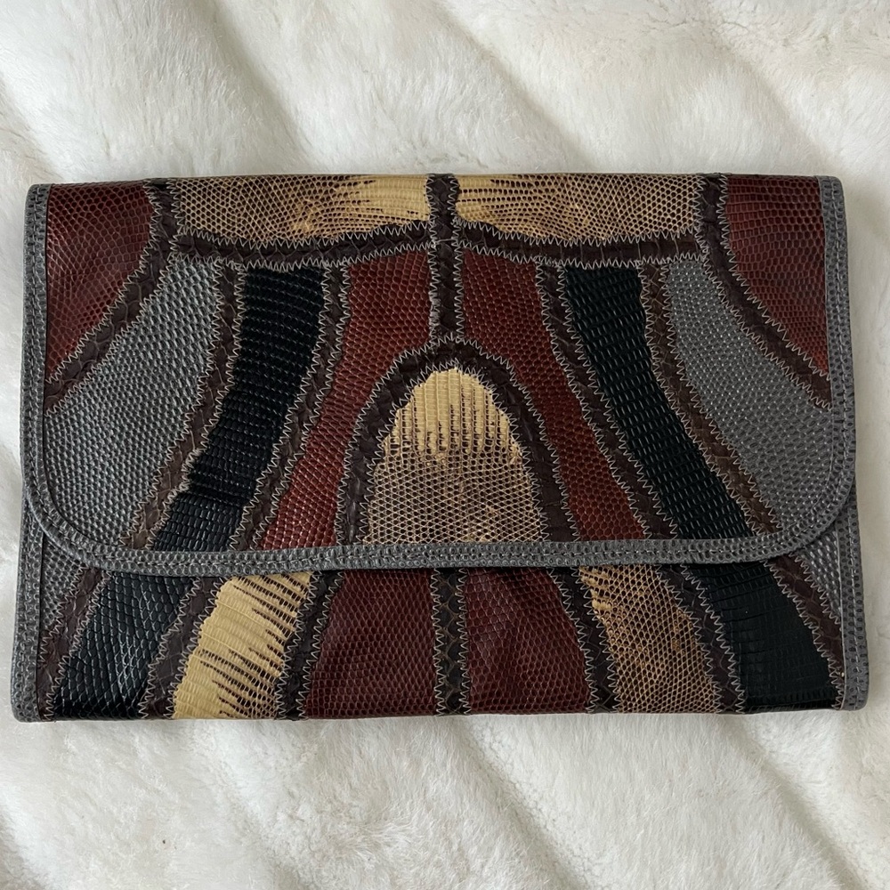Carlos Falchi 1980s Grey/Brown/Black Exotic Skins Vintage Clutch